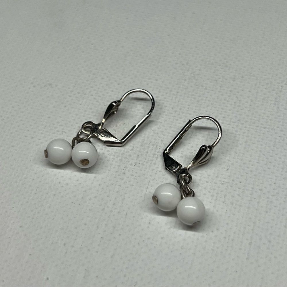 Vintage Silver Tone and White Beaded Drop Leverback Earrings